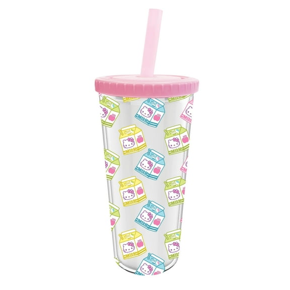 Silver Buffalo Sanrio Hello Kitty Milk Carton Pattern Plastic Boba Tumbler w Lid and Wide Straw, 24 Ounces