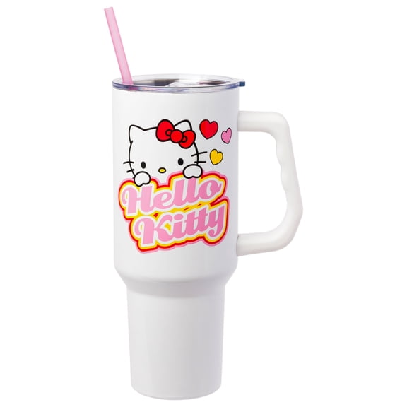 Silver Buffalo Sanrio Hello Kitty Name and Hearts Double Walled Stainless Steel Tumbler with Handle and Straw, Fits in Standard Cup Holder, 40 Ounces