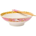 thumbnail image 1 of Silver Buffalo Sanrio Hello Kitty Pink and Gold Japanese Pattern with Flowers Ceramic Ramen Noodle Rice Bowl with Chopsticks, Microwave Safe, 30 Ounces, 1 of 11