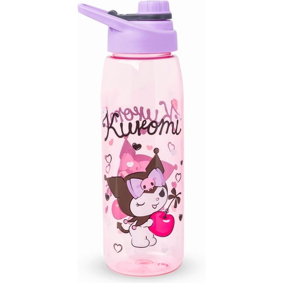 Silver Buffalo Sanrio Hello Kitty and Friends Kuromi Cherry Hearts Water Bottle with Screw-On Lid, 28 Ounces