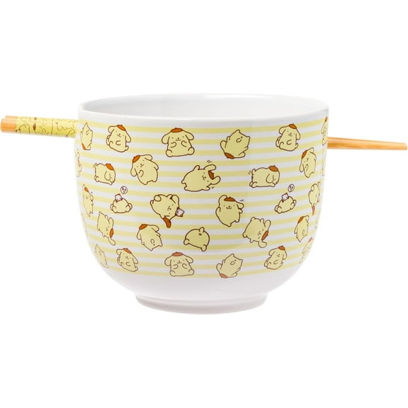 Silver Buffalo Sanrio Hello Kitty and Friends Pompompurin Pattern Ceramic Ramen Noodle Rice Bowl with Chopsticks, Microwave Safe, 20 Ounces