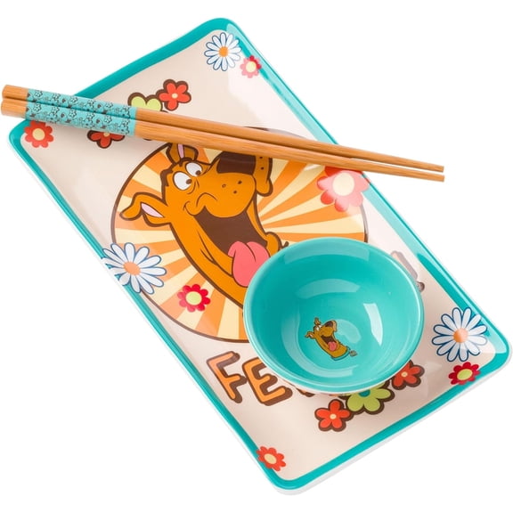 Silver Buffalo Scooby Doo Retro Flowers Feed Me Boxed 3 Pieces Ceramic Sushi Set