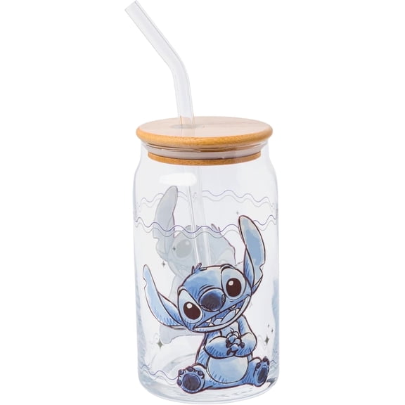 Silver Buffalo Disney Lilo and Stitch Sitting Glass Jar Tumbler with Bamboo Lid and Glass Straw, 16 Ounces