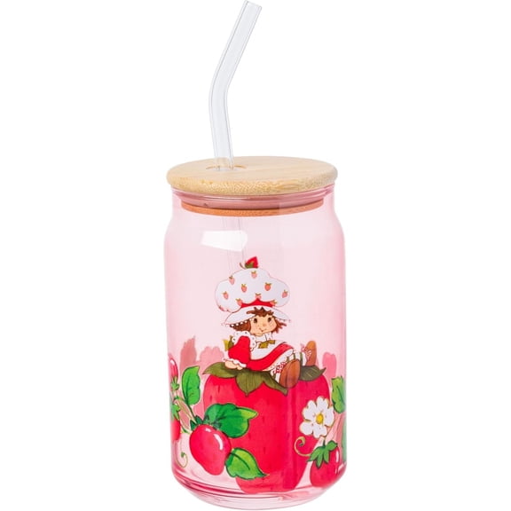 Silver Buffalo Strawberry Shortcake Vintage Sitting on Strawberry 16oz Glass Tumbler with Bamboo Lid and Glass Straw