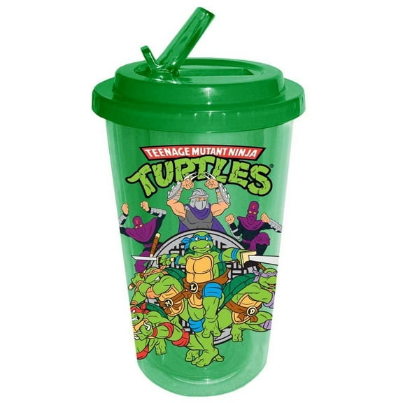 Silver Buffalo Teenage Mutant Ninja Turtles Group Plastic Flip Straw Cold Cup, 16 oz