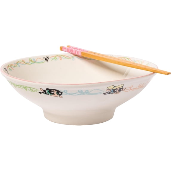 Silver Buffalo The Powerpuff Girls Ceramic Ramen Noodle Rice Bowl with Chopsticks, Microwave Safe, 30 Ounces
