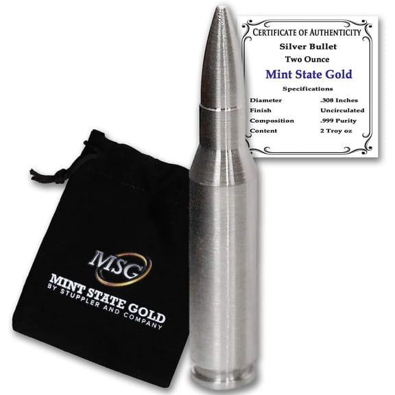 Silver Bullet - .308 Caliber (2 oz) - .999 Pure Silver by Mint State Gold