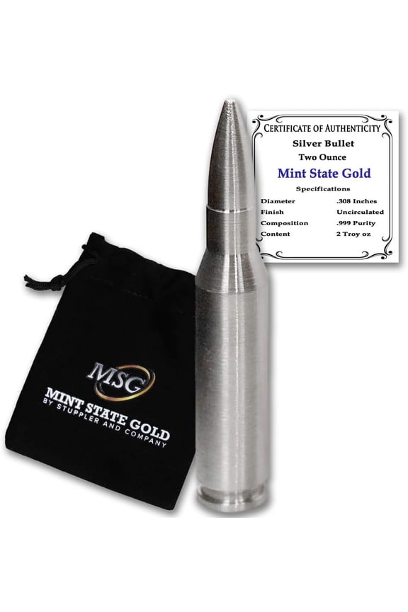Silver Bullet - .308 Caliber (2 oz) - .999 Pure Silver by Mint State Gold