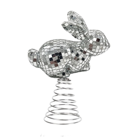 Silver Bunny Tree Topper Decoration with Spring Base, Disco Ball Rabbit for Christmas Tree, Easter Party Decor, Retro Sparkling Holiday Ornament for Themed Events
