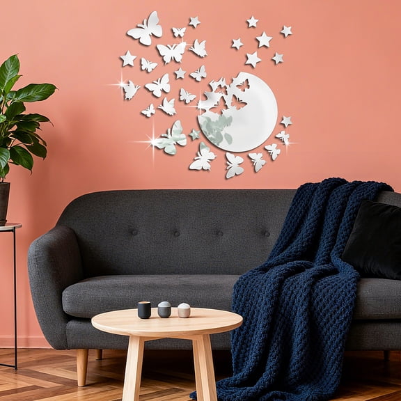 Silver Butterflies Acrylic Mirror Wall Stickers 3D Self-Adhesive Round Stars Acrylic Mirror Wall Decals for Bedroom Bathroom