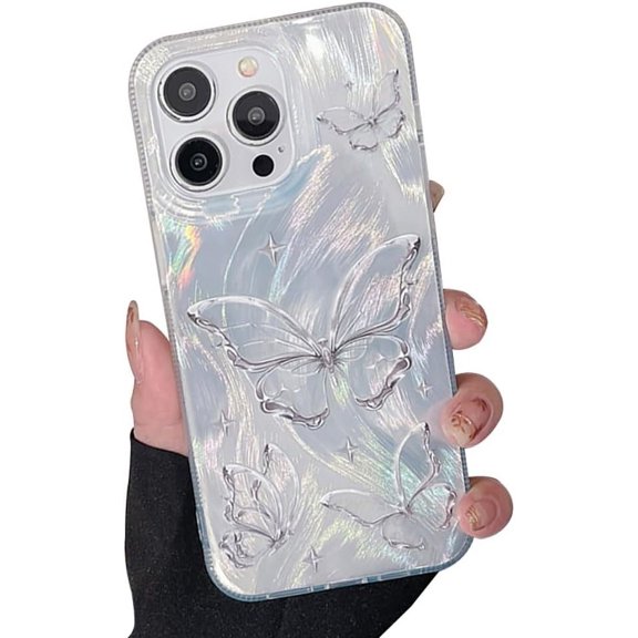 Silver Butterfly Laser Glitter Aesthetic TPU Case Compatible with iPhone Case (iPhone 13 Pro Max)