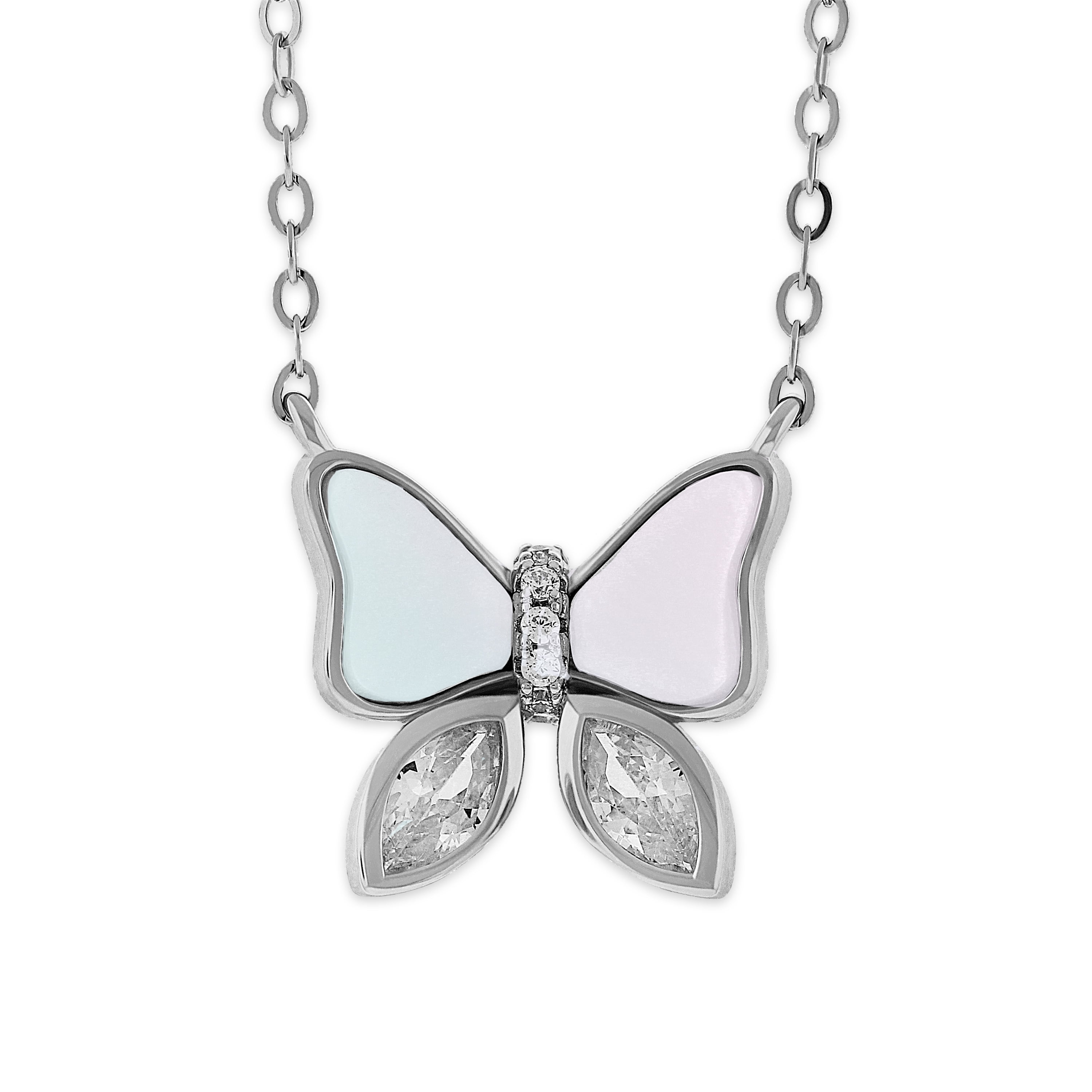 Silver Butterfly Necklace with Cubic Zircornia Stones - 925 Sterling Silver-  Mother of Pearl Butterfly Wings  - Adjustable Silver Necklace 16”-18” Included!