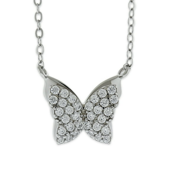 Silver Butterfly Necklace with Cubic Zirconia Stones - 925 Sterling Silver - 3D Butterfly Pendant - Adjustable Silver Necklace 16”-18” Included!
