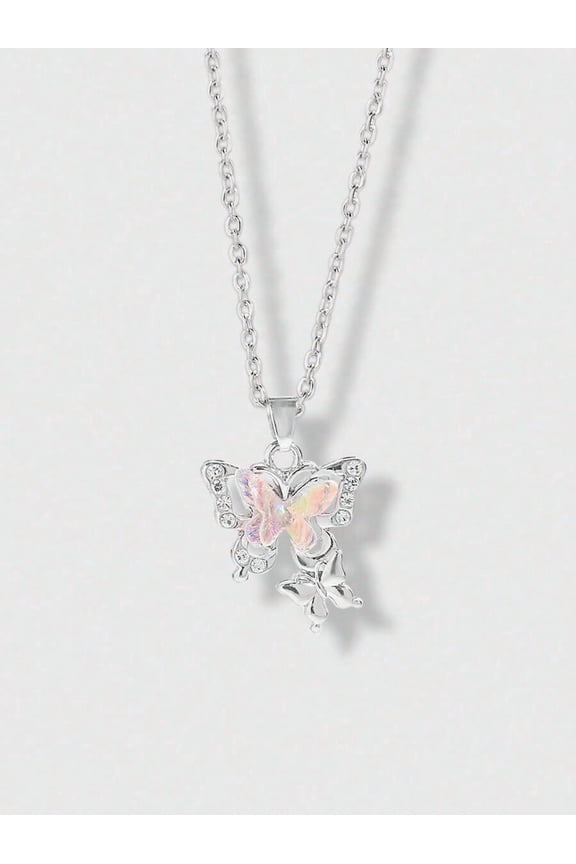 Silver Butterfly Pendant Necklace With Iridescent Opal-Like Center And Rhinestone Accents