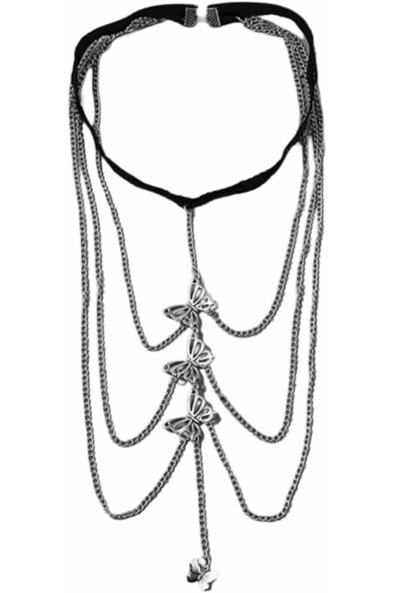 Silver Butterfly Thigh Chain Jewelry Summer Beach Black Layered Tassel Elastic Leg Chain Boho Alloy Sexy Charm Body Lace Garter Set for Women Rave Bikini Party Prom Outfit Club Accessories 1pc