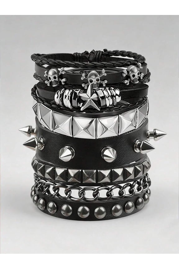 Silver-C Punk Gothic Leather Bracelet Set For Adults, Skull Spike Pyramid Stud Stackable Rock Jewelry