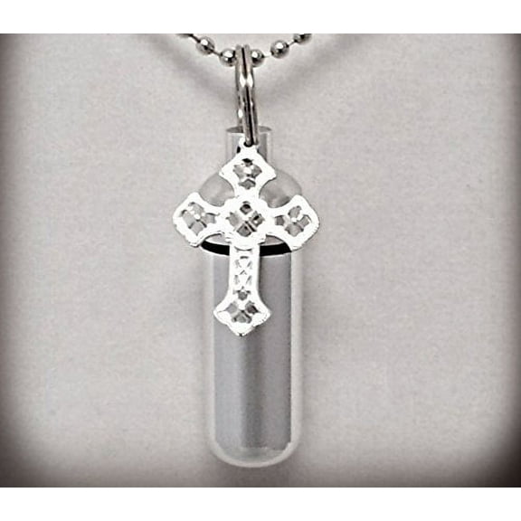 Silver CROSS Anointing Oil or Holy Water Holder Necklace - Includes Velvet Pouch, Ball Chain and Pipette