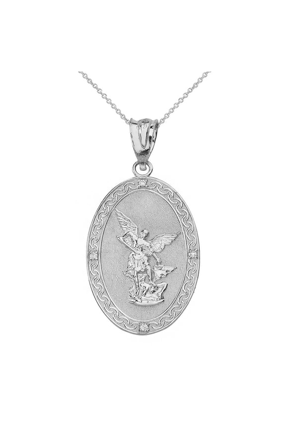 Silver CZ Archangel Saint Michael Oval Medallion Small Engravable Pendant Necklace, 16"