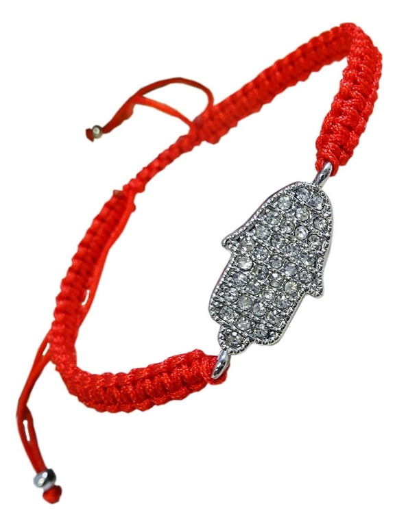 Silver CZ Crystal Hamsa Pendant Red String Bracelet