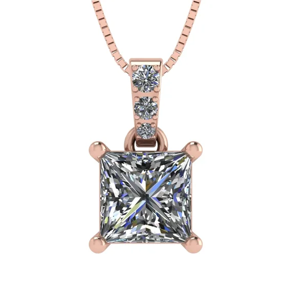 Silver CZ Princess Cut Solitaire Pendant-4 Prongs-6.0mm-1.50ct Equivalent Diamond Weight-Rose Gold Plated