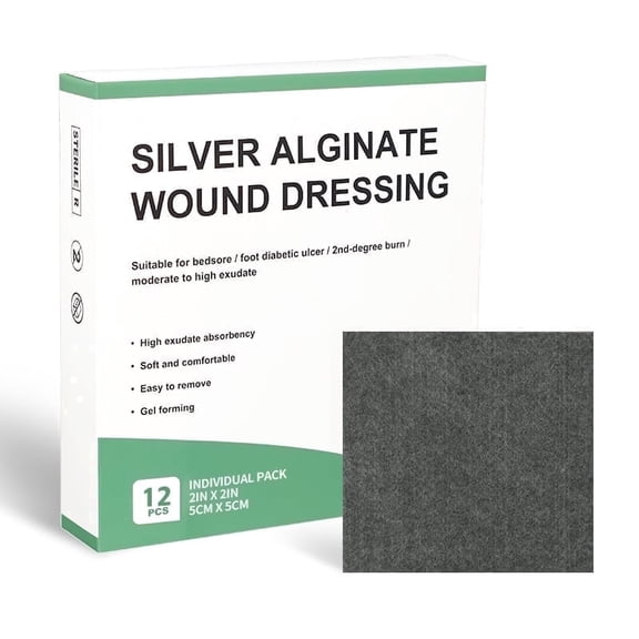 Silver Calcium Alginate Wound Dressing Pads, 2" x 2" Patch, 12 Pack Individual, Soft Silver Ag Bandages for Wound Care, Gentle Highly Absorbent