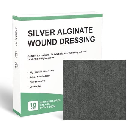 Silver Calcium Alginate Wound Dressing Pads, 4''x4'' Patches, 10 Individual Pack, Soft Silver Ag Bandages for Wound Care, Gentle Highly Absorbent