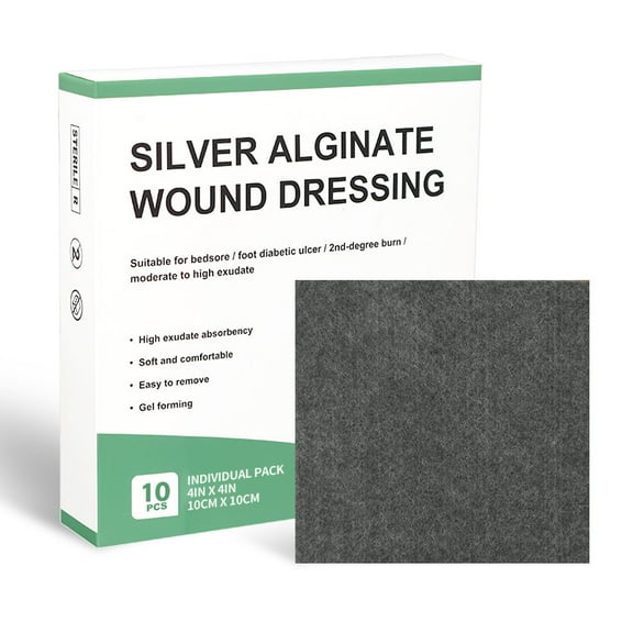 Silver Calcium Alginate Wound Dressing Pads, 4''x4'' Patches, 10 Individual Pack, Soft Silver Ag Bandages for Wound Care, Gentle Highly Absorbent