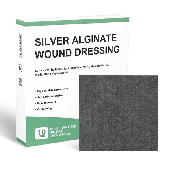 Silver Calcium Alginate Wound Dressing Pads, 4''x4'' Patches, 10 Individual Pack, Soft Silver Ag Bandages for Wound Care, Gentle Highly Absorbent