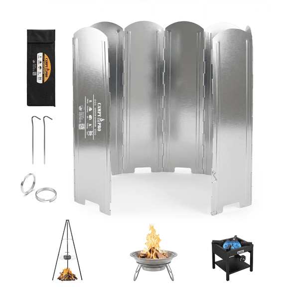 Campy Pro Silver Camping Stove Windscreen, Tall 8-Panel Foldable Wind Blocker with Stakes & Bag, 23.6" Portable Windshield for Outdoor Cooking