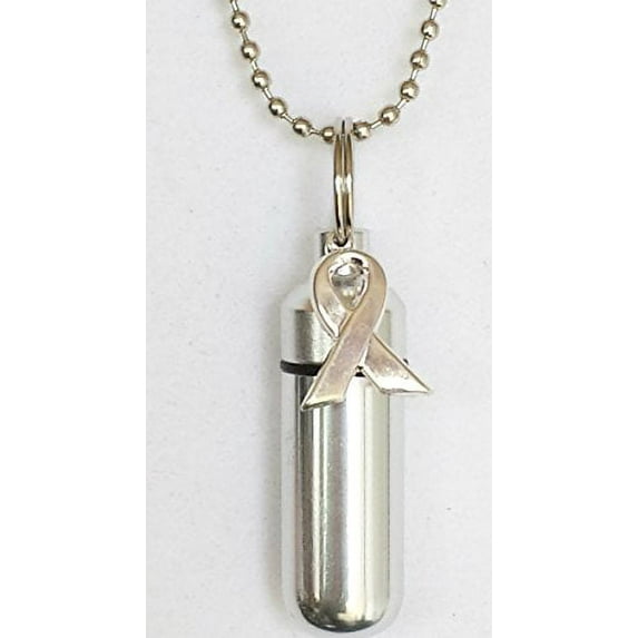 Silver Cancer Awareness CREMATION URN with Laser ENGRAVED HEART - Includes Velvet Pouch, Ball-Chain & Fill Kit