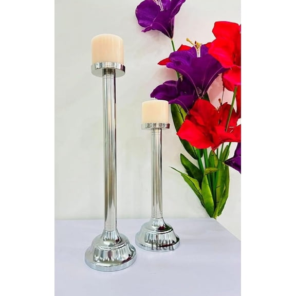 Silver Candle Holder, Set of 2 Premium Silver Candlestick Holders with Deluxe Engraved Design Home Christmas Decoration