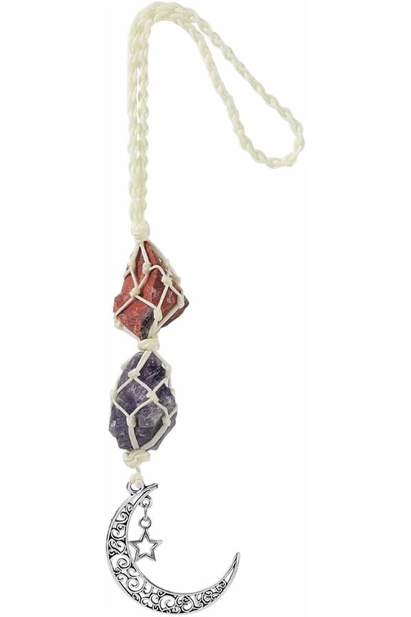 Silver Car Hanging Charms Natural Red Jasper Amethyst Gemstone with Dangling Moon Star Pendant Rearview Mirror Decorations Car Charm Accessories for Rear View Ornament Home Wall Door Decor