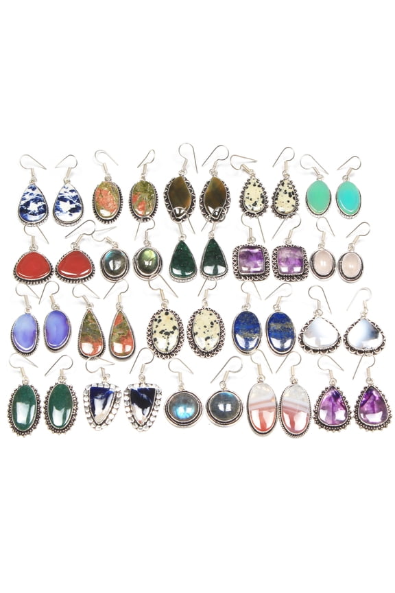 Silver Carats Earrings Set for Women - 10 Pairs Crystal Drop & Dangle Earrings, Assorted Natural Gemstones - Handcrafted