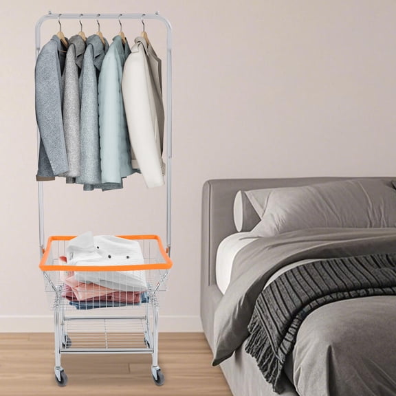 Silver Carbon Steel 50x40x180cm Hanging Rod Laundry Cart With Basket 110 Lb Load-Bearing Storage Cart With Shoe Rack