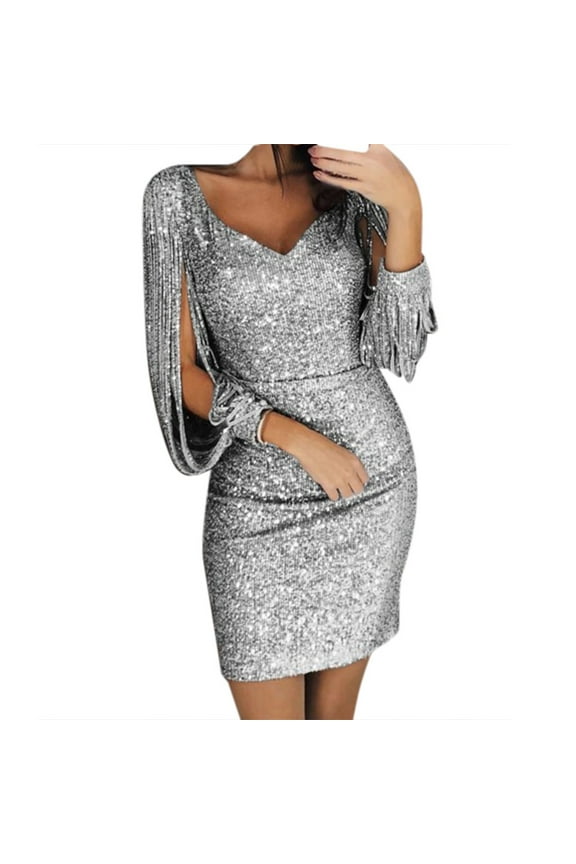 Silver Casual Dresses Solid Sequined Stitching Shining Club Sheath Long Sleeved Summer Dresses for Women 2024