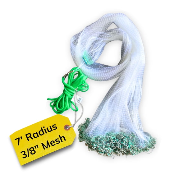 Silver Catch 7' Radius Cast Net with 3/8" Mesh, True Six-Panel Design for Optimal Bait Capture, Durable and Reliable Fishing Tool