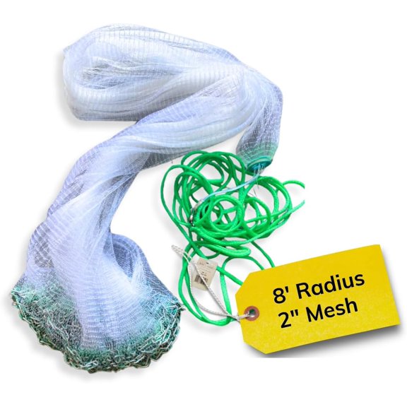 Silver Catch 8' Radius Cast Net with 2" Mesh, True Six-Panel Design for Effective Bait Capture, Durable for Fishing Enthusiasts