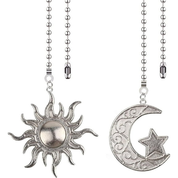 Silver Ceiling Fan Pull Chain, 12 Inches Totem Bohemia Pendant Extension Decorative, 3mm Beaded Ball Chain Extender Ornament with Connector Moon and Sun (2Pack)