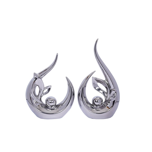 Silver Ceramic Abstract Sculpture Figurine Set of 2 for Tabletop and Shelf Decor