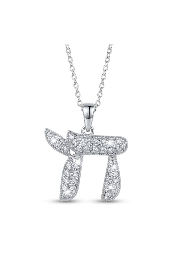 Silver Chai Necklace with Cubic Zirconia Stones - 925 Sterling Silver - Chai Jewish Necklace - Adjustable Silver Necklace 16-18 Included!
