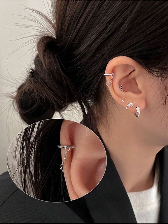 Silver Chain-Linked Hoop Earring With Circle Detail For Daily Wear