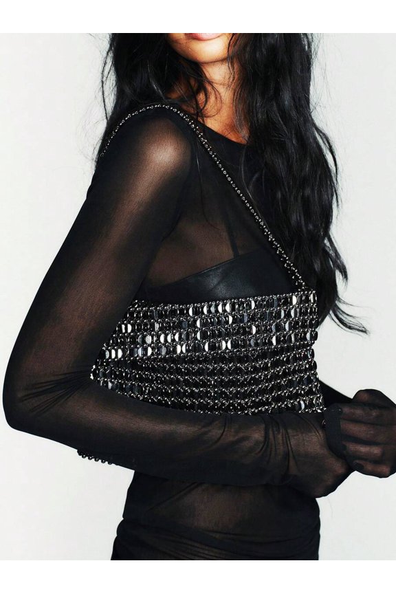 Silver Chainmail Beaded Shoulder Bag, Minimalist Retro Underarm Handbag