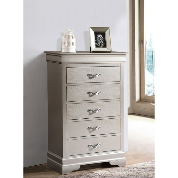 Silver Champagne Chest G6500 From Glory Furniture - Updated Style & Drawer Handles Faux Crystal Decor Textured Front Fully Assembled Particle Board 30.11 In. D X 15.78 W 47.34 H 76.81 Lb In Classic