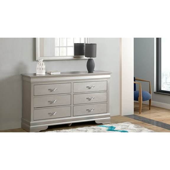 Silver Champagne Glory Furniture G6500-d Dresser - Traditional Design Reinvented With Pulls & Faux Crystals Textured Fully Assembled Factory Particle Board 59in.depth X 16in.width 33in.height