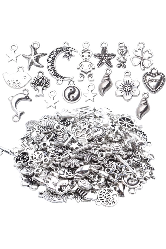 Silver Charms Bulk Wholesale,100 Pieces Mixed Alloy Jewelry Pendants Vintage Craft Supplies for Jewelry Making Necklace Bracelet Decoration Accessory