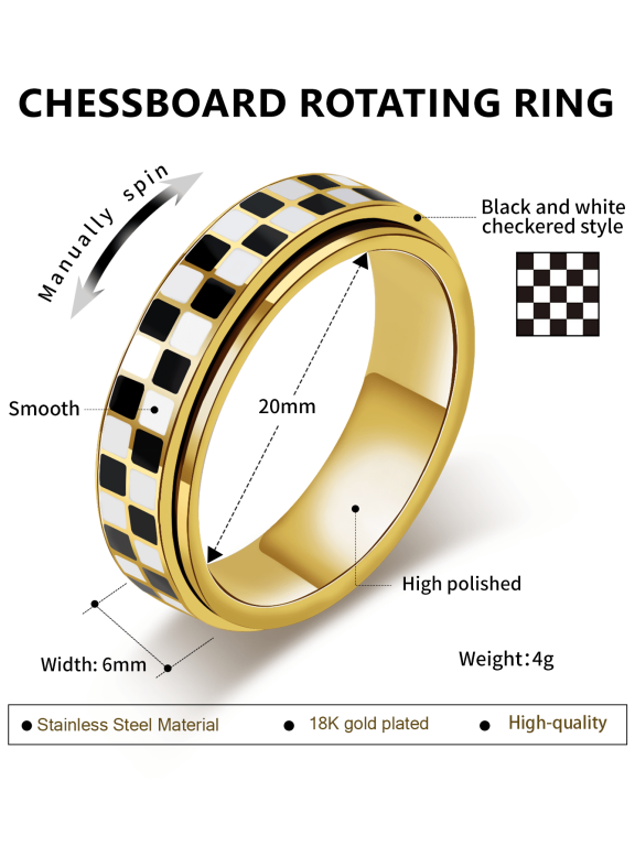 Silver Checkered Rotating Fidget Ring - 18K Gold Plated Stainless Steel Spinner Jewelry For Stress Relief