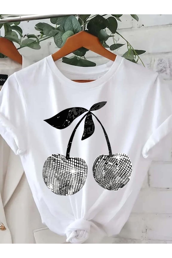 Silver Cherry Graphic Print T-Shirt Short Sleeve Crew Neck Casual Top for Summer & Spring Women' S Clothing