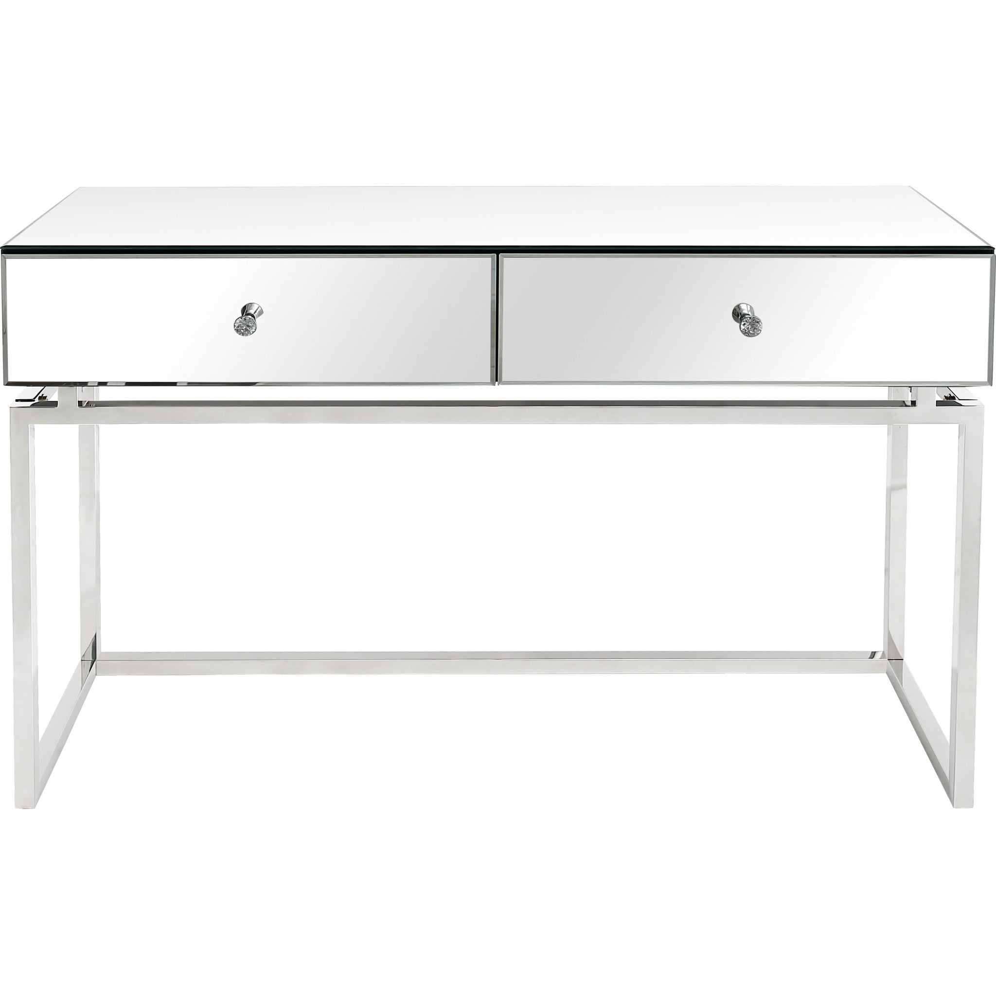 Silver Mirrored Console Table with Storage and Stainless Steel Base