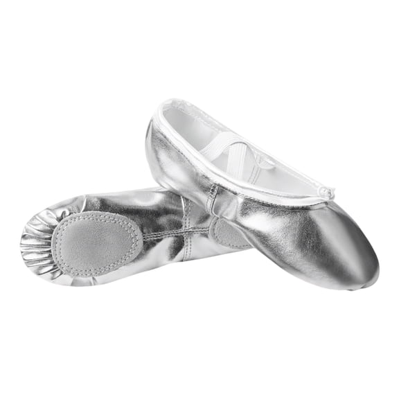 Silver Childrens Practice Footwear For Girls Soft Soles Drawstring Straps, Paw Style Artificial Leather Upper For Dance Ages 10-10 Years