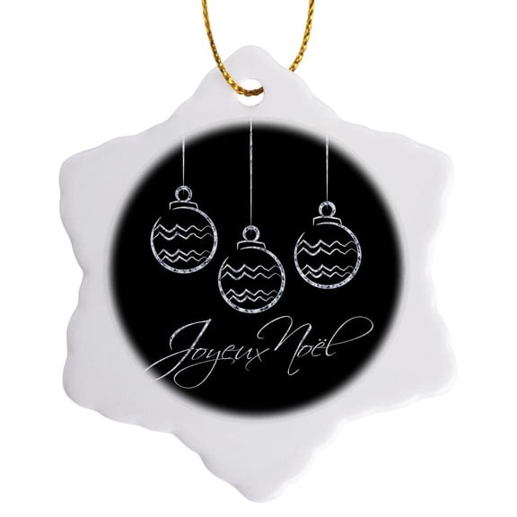 3drose, Silver Christmas Baubles on Black with French Christmas Greetings, 3 inch Snowflake Porcelain Ornament